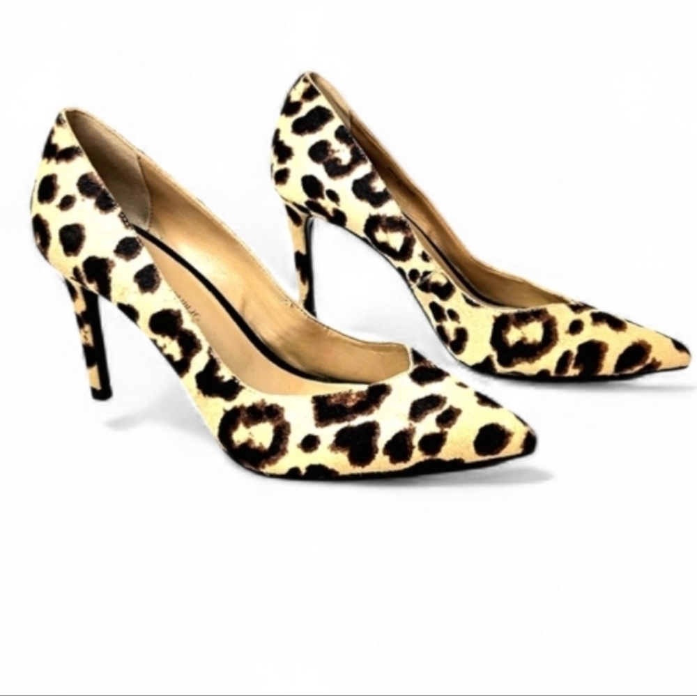 Banana Republic calf fur, leopard print heels. 7M
